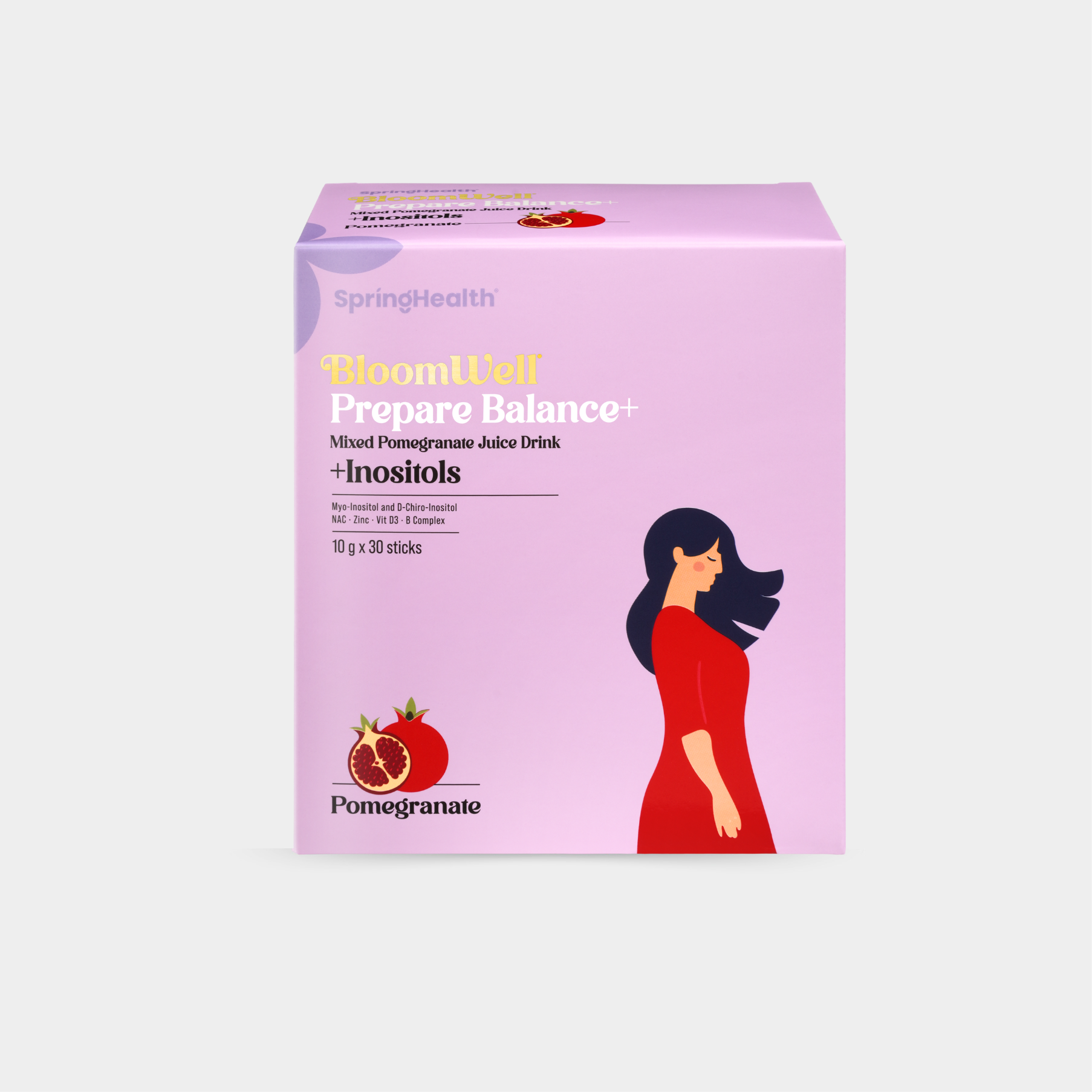 BloomWell Prepare Balance+ product packaging, pomegranate juice drink with inositols, 30 sachets